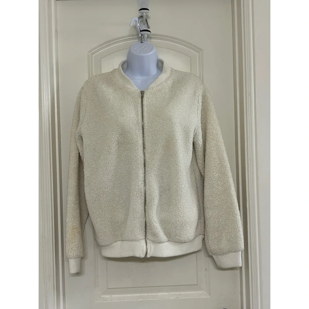 Forever 21 Cream‎ Sherpa Bomber Jacket Full Zip Small S Cozy Warm